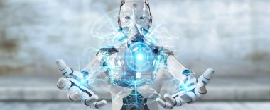 Beyaz kadın insanımsı dron güvenlik kamera 3B oluşturmayı kullanarak