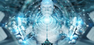 Beyaz kadın insanımsı dijital küresel ağ 3d işleme kullanarak