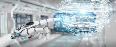 Beyaz robot el dijital dünya hud arabirimi 3d işleme kullanarak