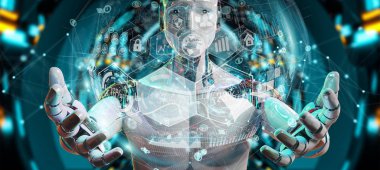 Beyaz erkek cyborg dijital grafik arabirimi 3d işleme kullanarak