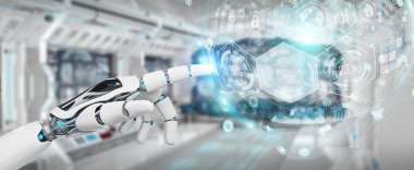 Dijital grafik arabirimi 3d rendering kullanarak beyaz cyborg ele