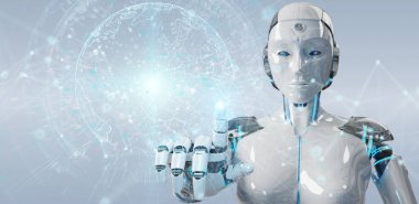 Beyaz kadın cyborg Planet Earth arabirimi 3d işleme kullanarak