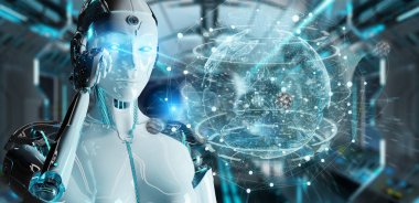 Beyaz kadın cyborg Planet Earth arabirimi 3d işleme kullanarak