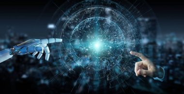 Planet Earth arabirimi 3d rendering kullanarak beyaz cyborg ele