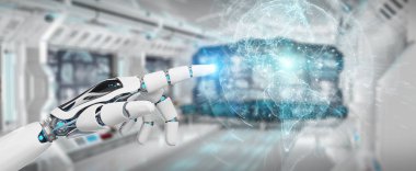 Planet Earth arabirimi 3d rendering kullanarak beyaz cyborg ele