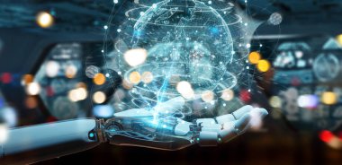 Planet Earth arabirimi 3d rendering kullanarak beyaz cyborg ele