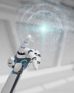 Planet Earth arabirimi 3d rendering kullanarak beyaz cyborg ele