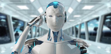 Beyaz erkek cyborg düşünme ve kafasını 3d render dokunmadan