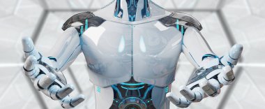 Onun iki açılış beyaz erkek robot uzay arka plan 3d render eller