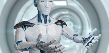 Onun iki açılış beyaz erkek robot uzay arka plan 3d render eller