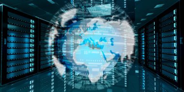 Dünya ağ sunucusu Oda veri merkezi 3d render üzerinde uçan