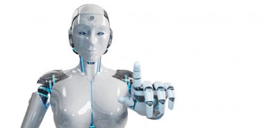 Beyaz kadın cyborg işaret parmağını 3d render