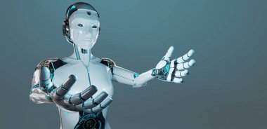 Onun iki eller 3d render açılış beyaz kadın cyborg