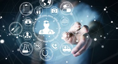 Modern tıbbi arabirimi 3d işlemesini kullanan iş adamı