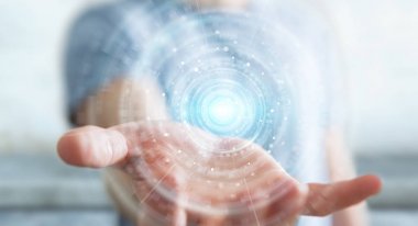 Dijital Ağ Bağlantısı arabirimi 3d render kullanarak iş adamı