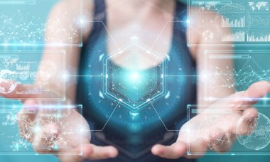 Hologram dat ile dijital ekranlar arabirimini kullanarak iş kadını