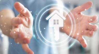 Emlak dijital arabirimi 3d rendering kullanarak iş adamı