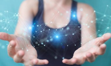 Fütüristik bağlantı arabirimi 3d rendering kullanarak iş kadını