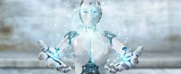 Mujer blanca cyborg usando planeta Tierra interfaz 3D renderizado —  Fotos de Stock