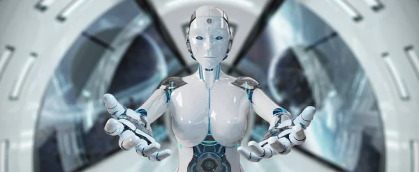 Biały dama cyborg otwarcie jej dwie ręce renderowania 3d — Zdjęcie stockowe