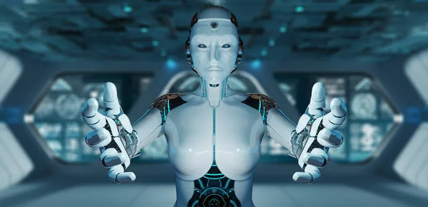 Blanke vrouw cyborg openen haar twee handen 3D-rendering — Stockfoto
