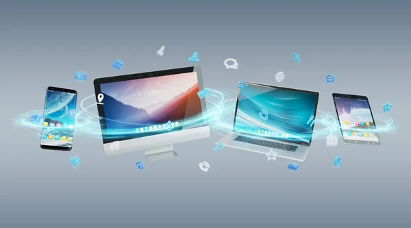 Tech devices and icons applications connected 3D rendering — Stock Photo, Image