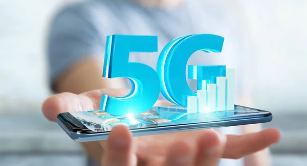 Uomo d'affari che utilizza la rete 5G con il rendering 3D del telefono cellulare — Foto Stock