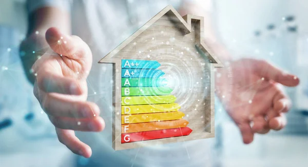 Empresario utilizando gráfico de clasificación de energía de renderizado 3D en una h de madera — Foto de Stock