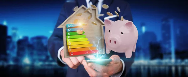 Affärsman Spara pengar med bra energi internationell rating 3d render — Stockfoto
