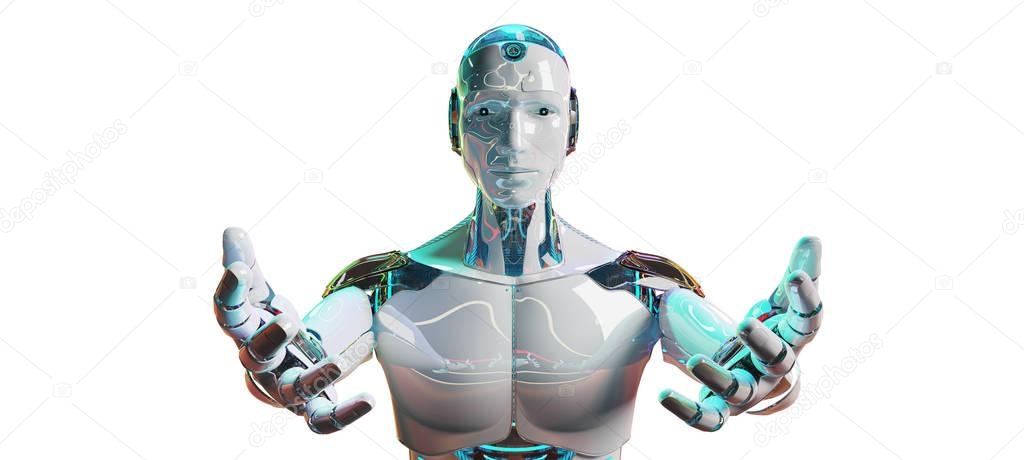 White male cyborg opening his two hands 3D rendering