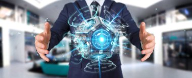 İşadamı fütüristik kullanarak güvenlik kamera 3d render robot