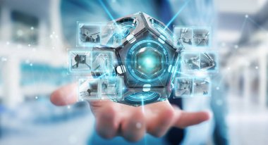 İşadamı fütüristik kullanarak güvenlik kamera 3d render robot