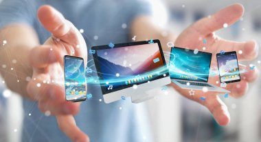 İşadamı teknik cihazlar ve simgeler uygulamaları 3d re bağlanılıyor