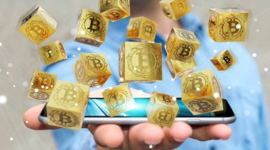 İşadamı bitcoins cryptocurrency 3d işleme kullanarak