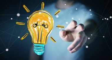 Holding ve bir ampul dokunmadan işadamı kroki