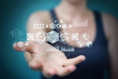 Hologram veriler dijital ekranlar 3d render kullanarak iş kadını