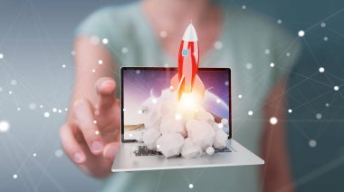 Bir laptop 3d render roket başlatılması ile iş kadını