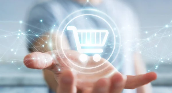 Uomo d'affari che utilizza icone dello shopping digitale con connessioni 3D ren — Foto Stock