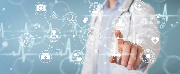 Врач с использованием цифрового медицинского футуристического интерфейса 3D рендеринг
