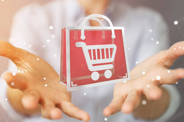 Деловая женщина с помощью цифровых иконок 3D рендеринг
