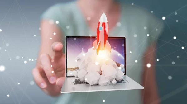 A rakéta indítása egy laptop 3d rendering üzletasszony — Stock Fotó