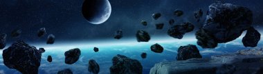 Uçan Asteroitler ile Dünya gezegeninin panoramik görünümü kapat 3d re