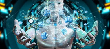 Dijital ekran arabirimi 3d işlemesini kullanan beyaz erkek robot