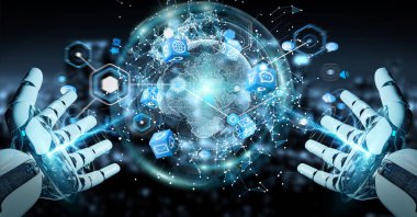 Dijital ekran arabirimi 3d işlemesini kullanan beyaz robot el