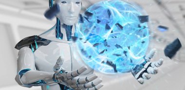 Beyaz adam robot enerji topu 3d render oluşturma