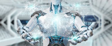 Beyaz adam insanımsı dijital dünya hud arabirimi 3d renderin kullanarak