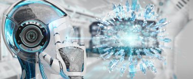 Beyaz kadın robot insanlar 3d rende bağlanmak için dijital dünya kullanma