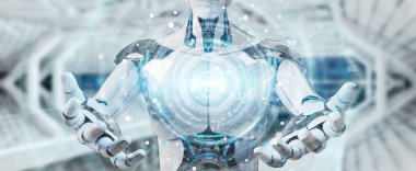 Beyaz erkek humanoid dijital küresel ağ 3d işleme kullanarak