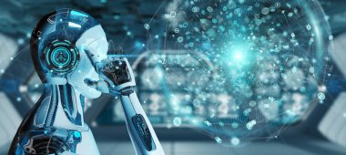 Beyaz erkek humanoid dijital küresel ağ 3d işleme kullanarak