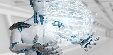 Dijital dünya hud arabirimi 3d işlemesini kullanan beyaz erkek robot